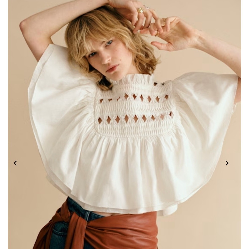 Sezane Milline Blouse White Smocked Flutter Sleeve Cotton Blouse Top Sz 42 US 10